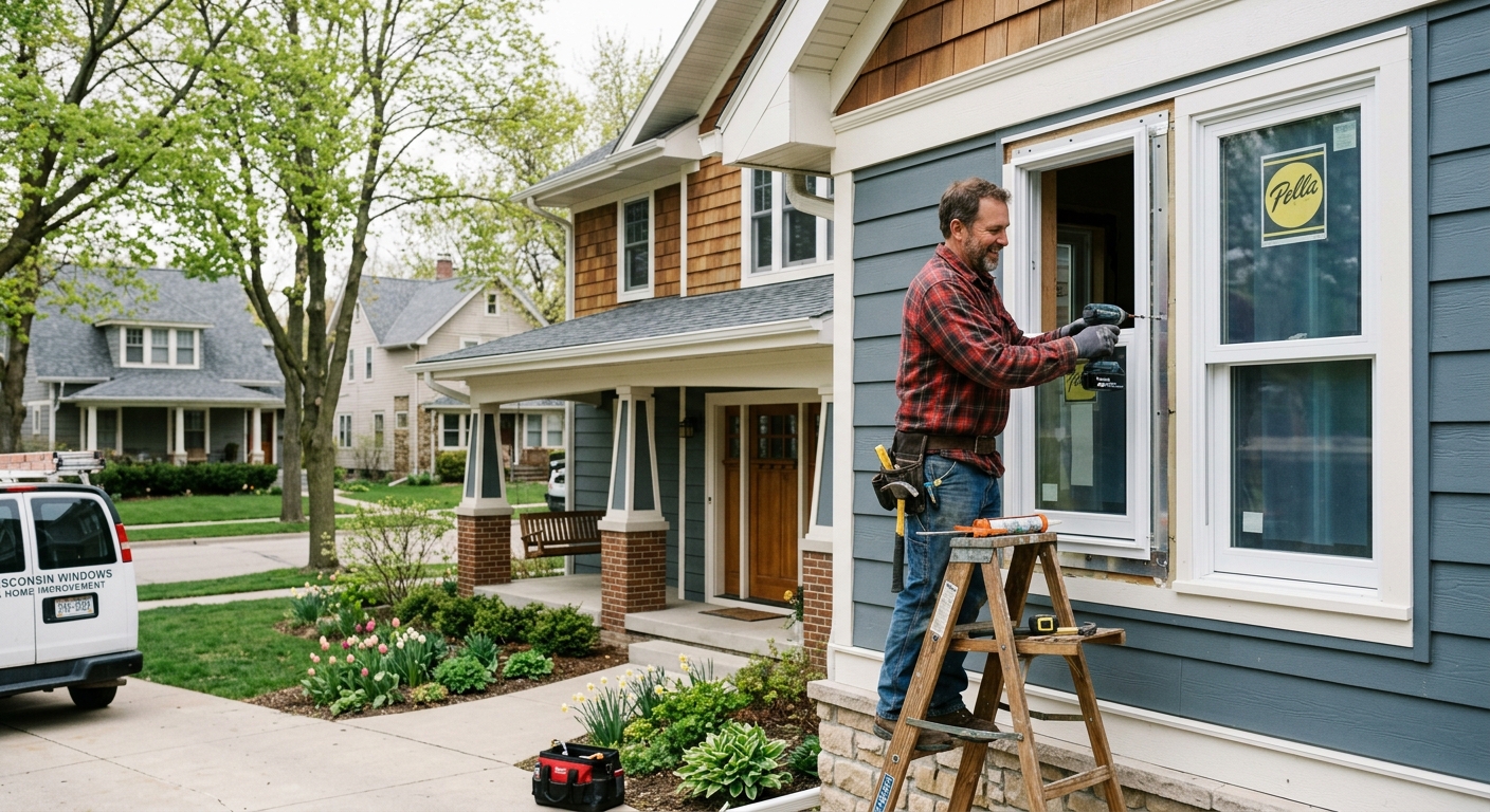Local contractor installing a new energy-efficient window on a residential home