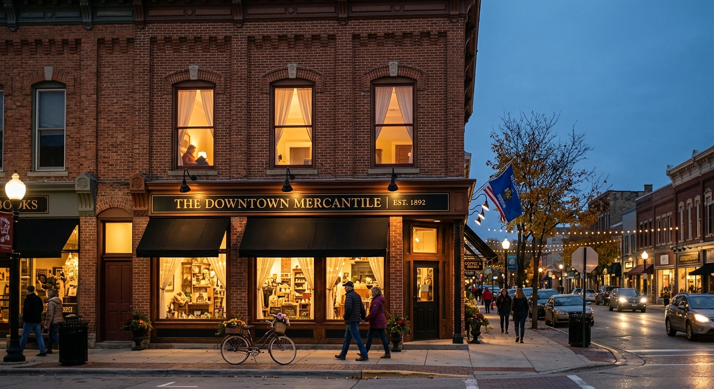 Historic two-story brick storefronts on a small-town Wisconsin Main Street at dusk