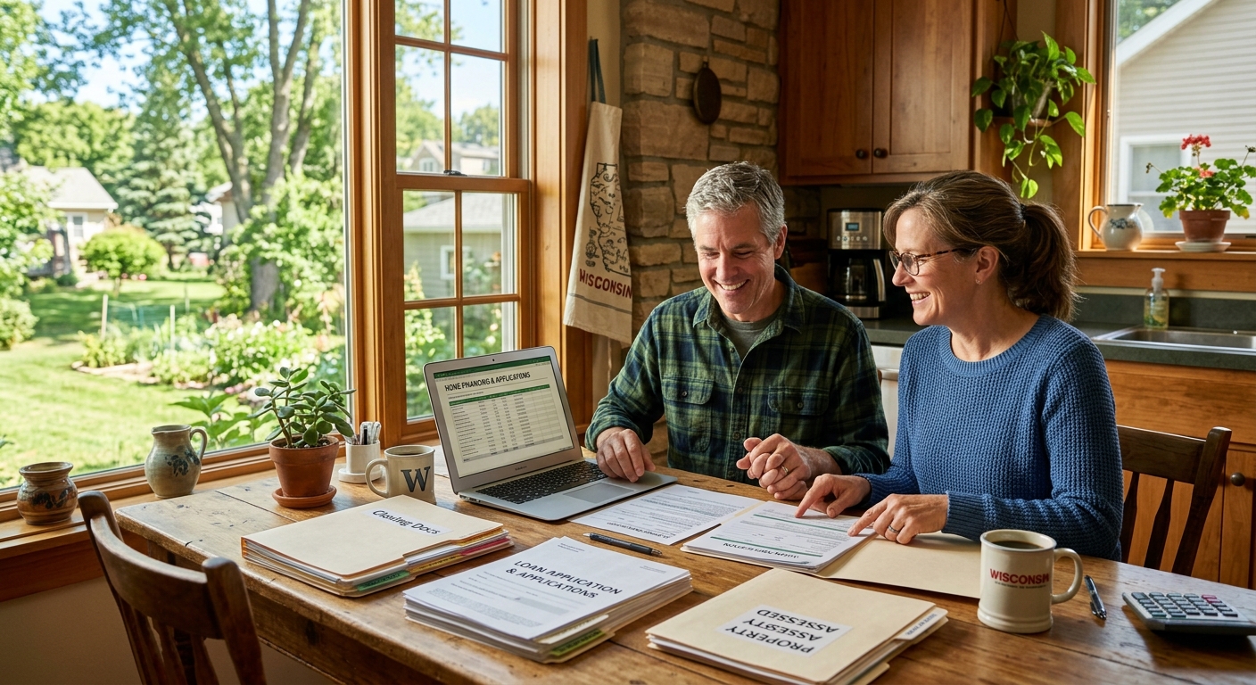 Homeowner couple reviewing paperwork and a laptop at a sunny kitchen table