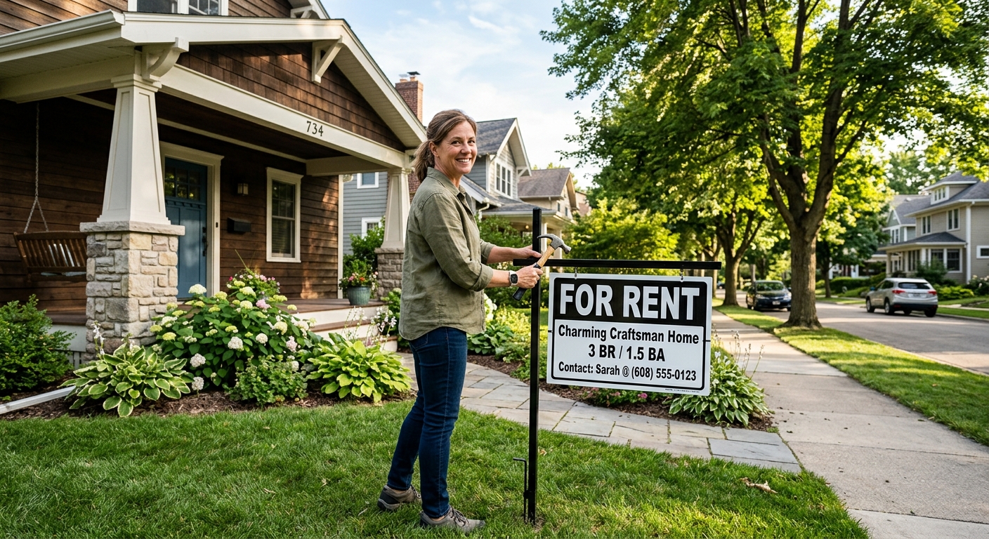 A landlord hanging a for rent sign in front of a home on a quiet Wisconsin street