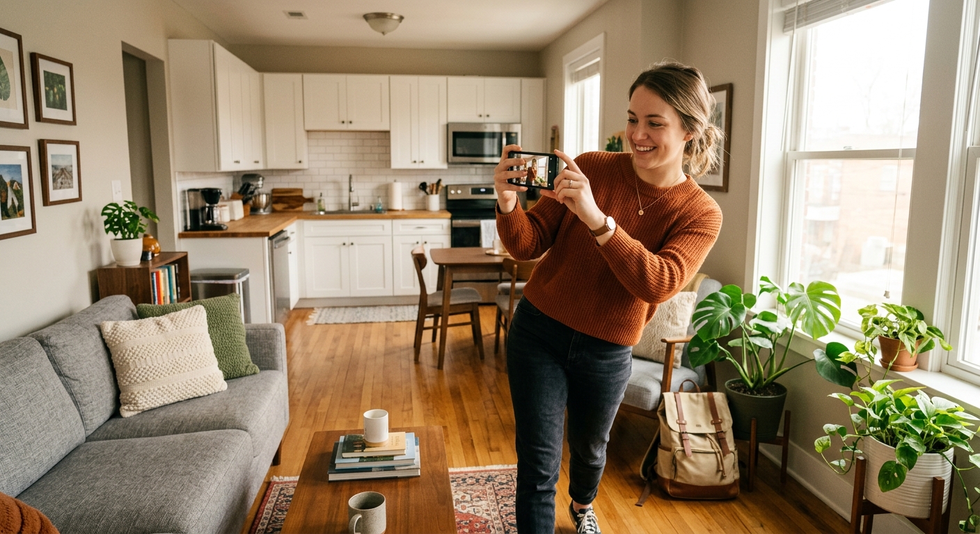A prospective tenant taking photos during a self-guided apartment tour