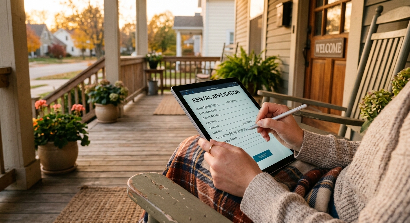 Close up of hands filling out a rental application on a tablet on a front porch
