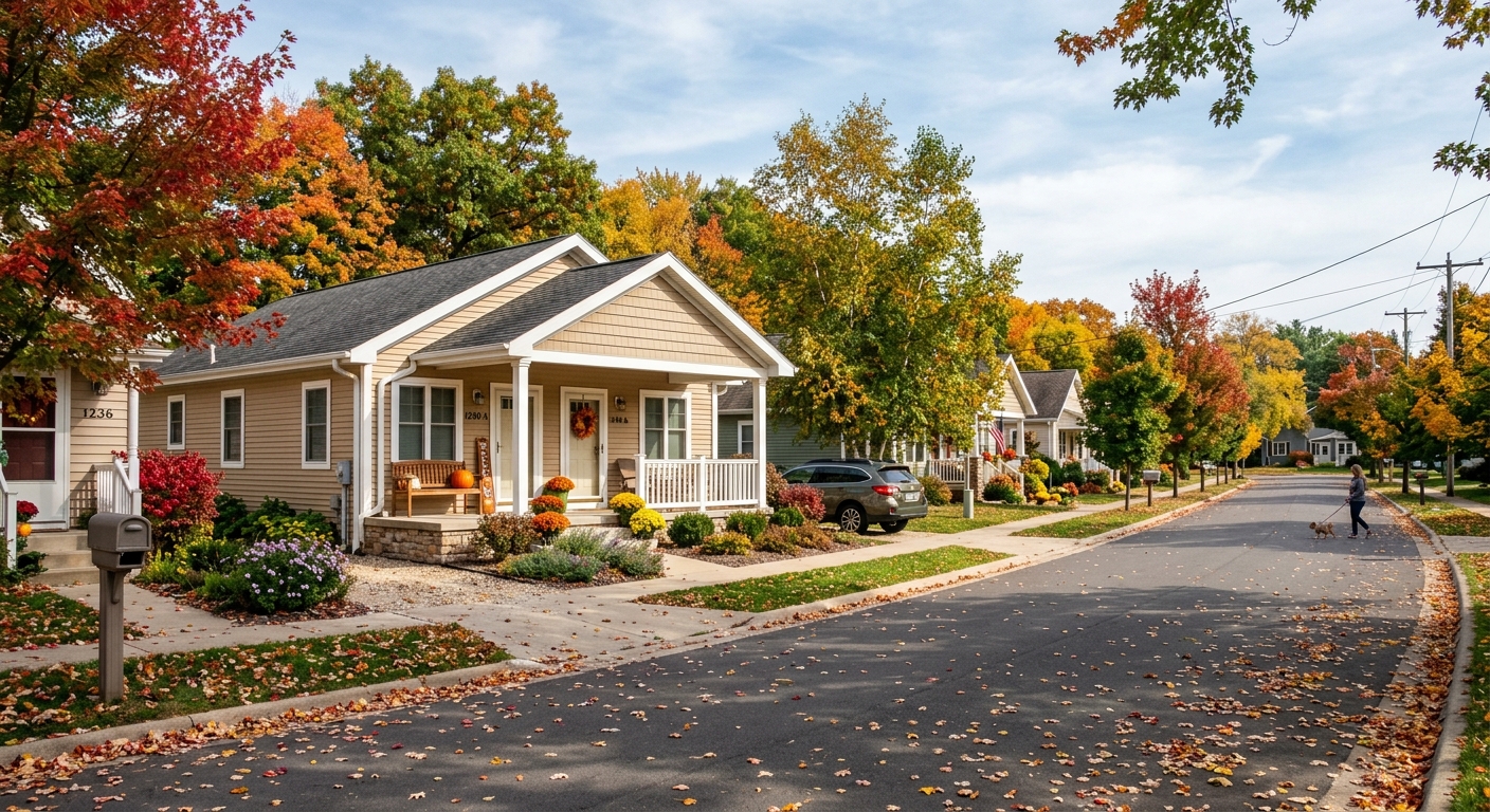 A quiet Wisconsin neighborhood street with a welcoming rental duplex in early fall