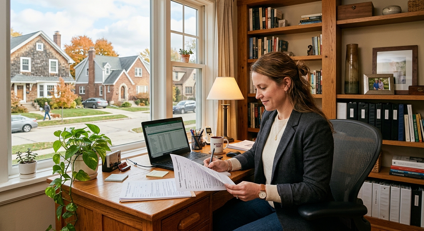 Property manager reviewing tenant application documents in a warm home office with a Wisconsin neighborhood visible through the window