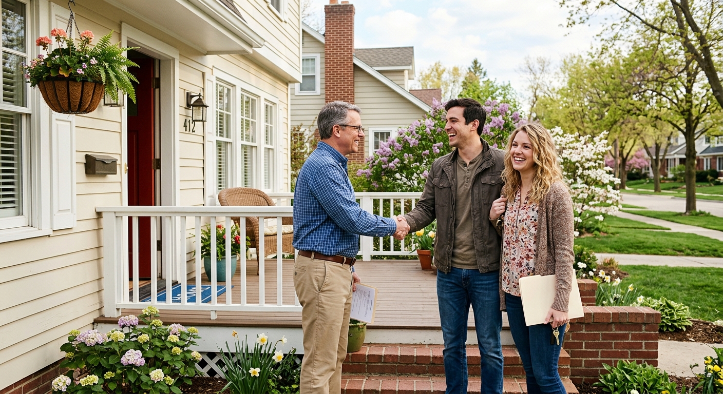 Friendly landlord greeting new tenants on the front porch of a charming Midwest rental home in spring
