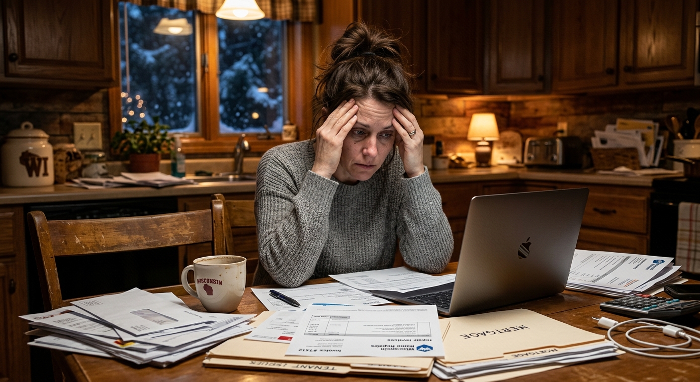 Stressed property owner overwhelmed with paperwork and repair invoices at their kitchen table