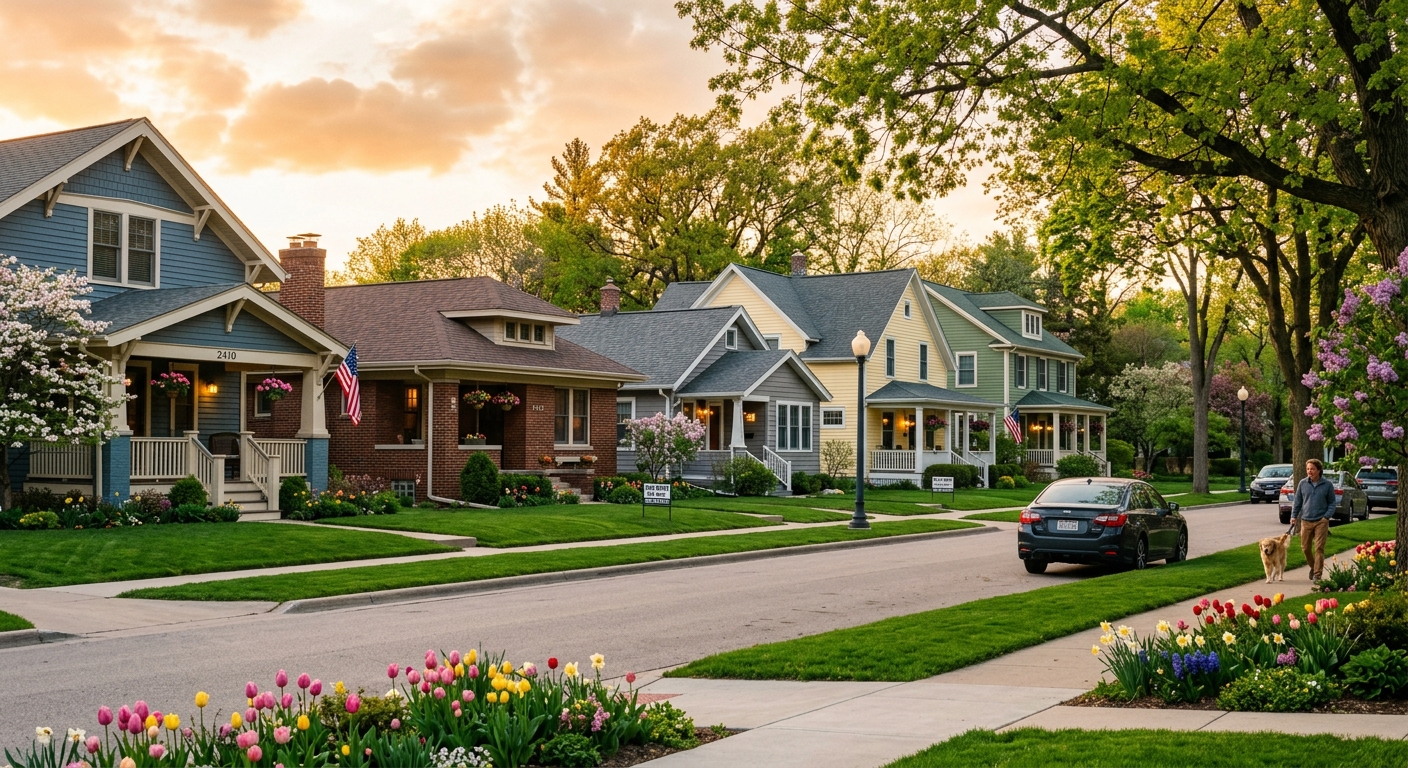 Row of well-maintained rental homes on a quiet Wisconsin neighborhood street