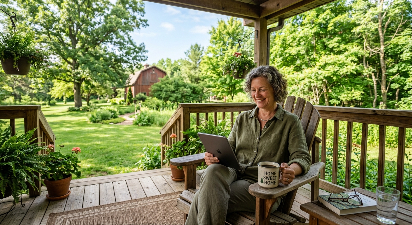 Relaxed property owner enjoying coffee on a sunny porch, stress-free