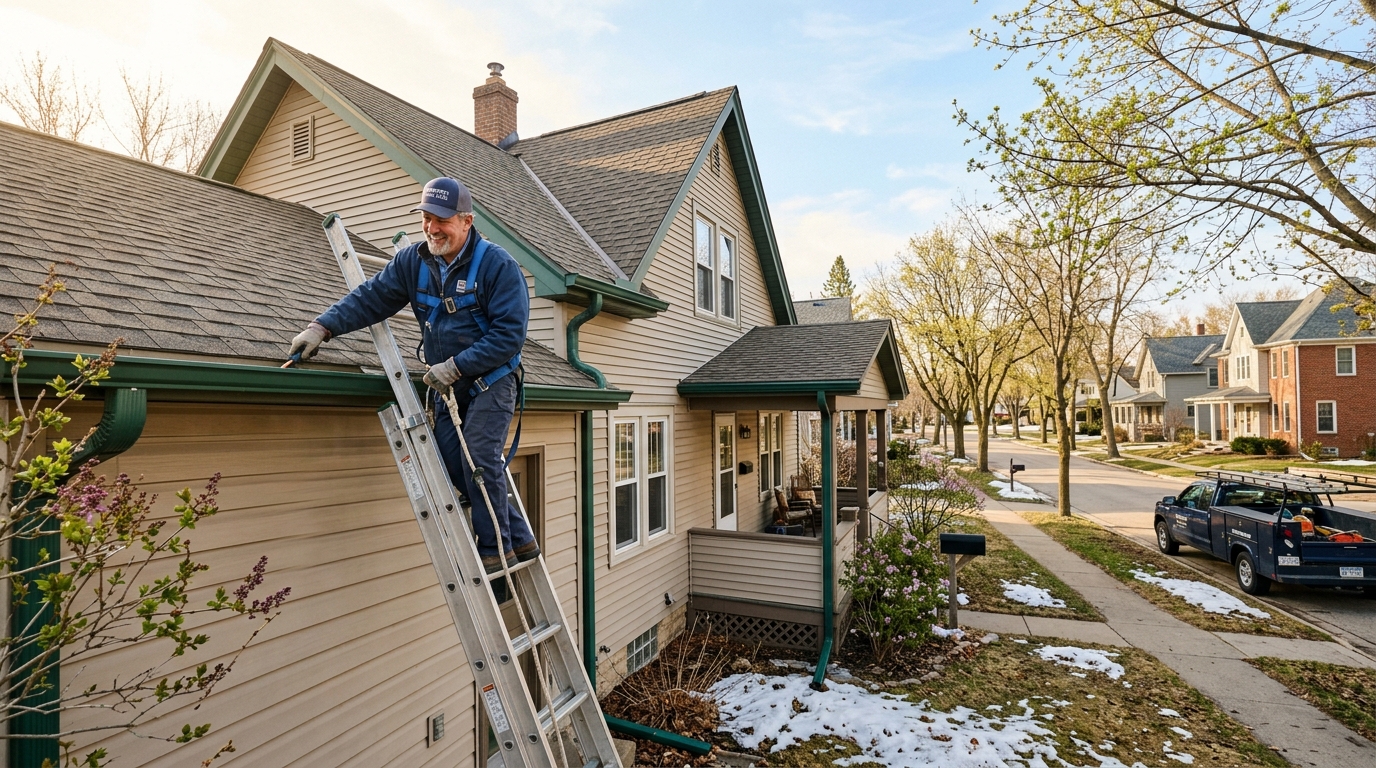 Handyman inspecting gutters on a charming Wisconsin home in early spring with melting snow and budding trees
