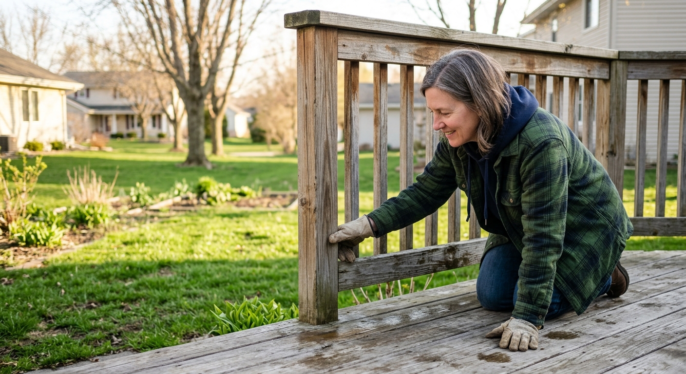 Homeowner checking a wooden deck and porch railing for winter damage in a Wisconsin backyard in spring