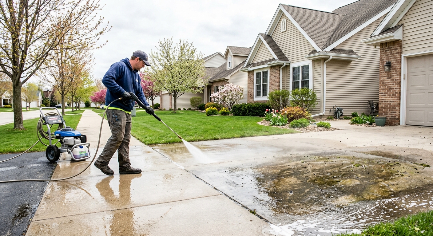 Pressure washing a residential driveway in spring at a Wisconsin home