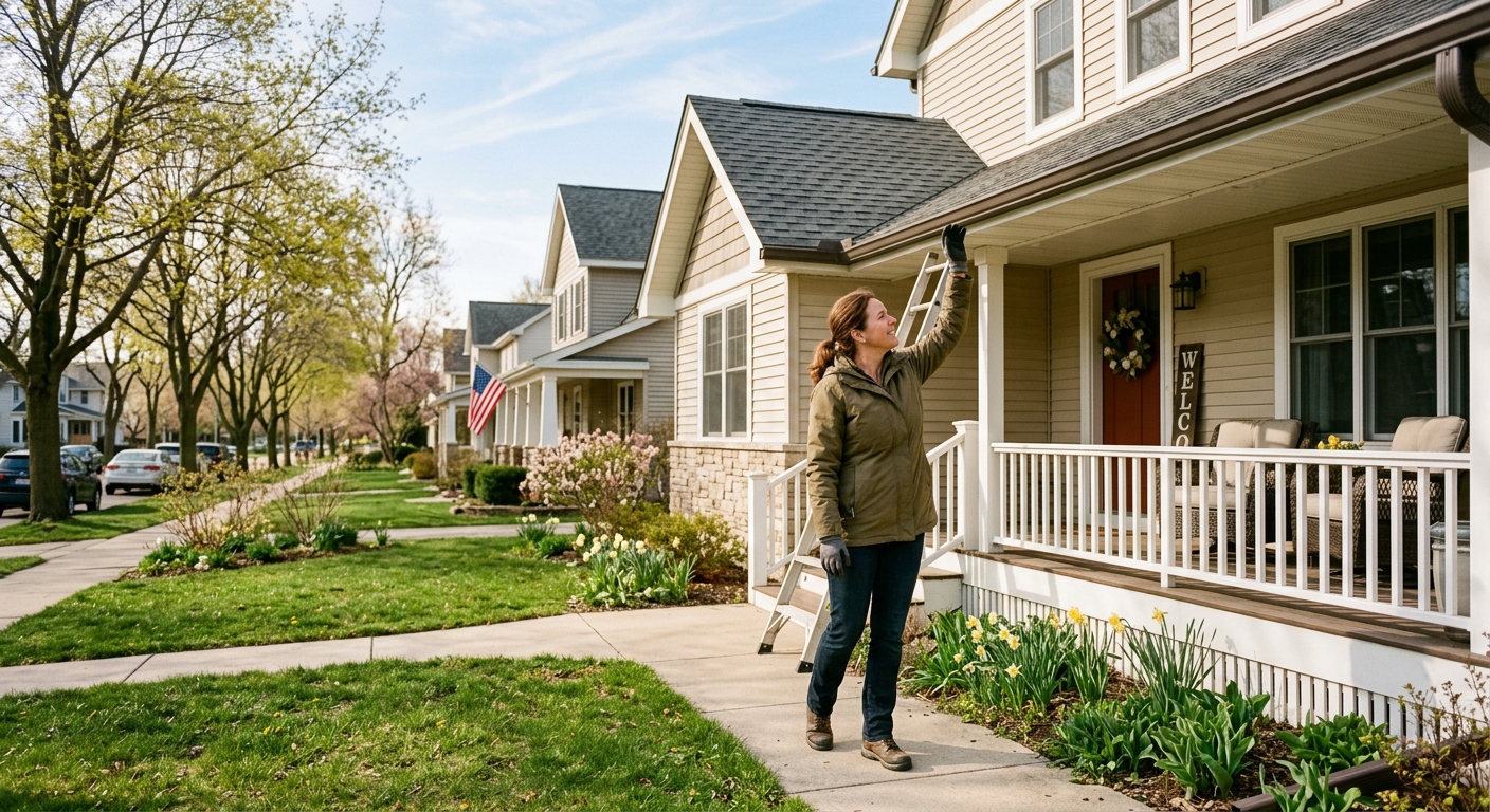 Homeowner inspecting a rental property exterior in early Wisconsin spring