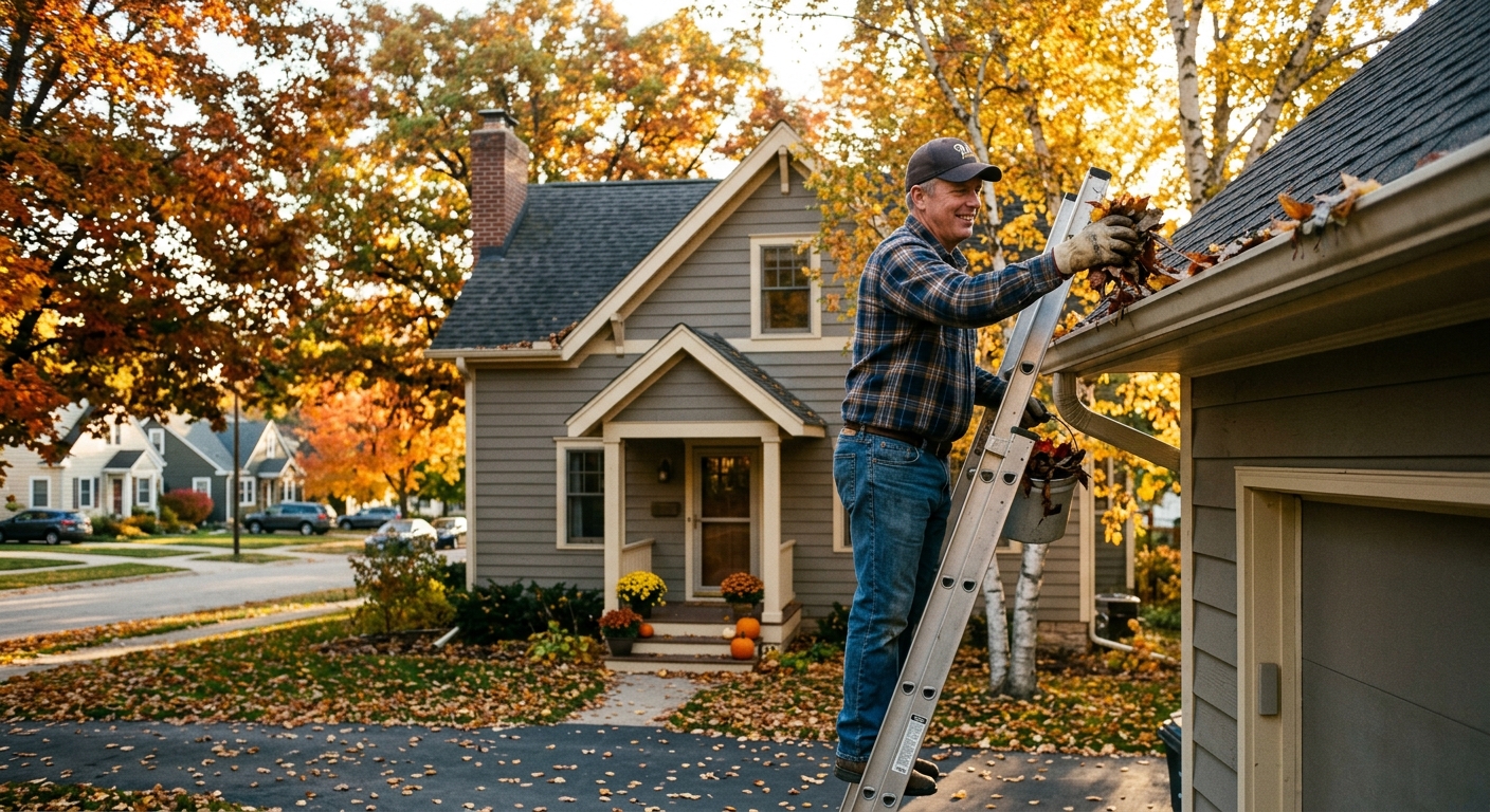 Homeowner cleaning gutters on a Midwest home surrounded by autumn leaves