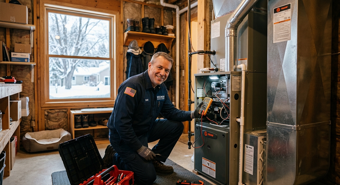 Maintenance technician inspecting a furnace inside a cozy Wisconsin home in winter